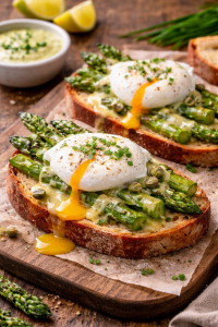Poached Eggs & Asparagus toasts with Beurr Blanc