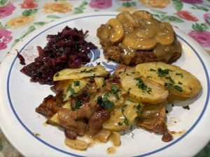 Pork Schnitzel with German Potato Salad and Red Cabbage