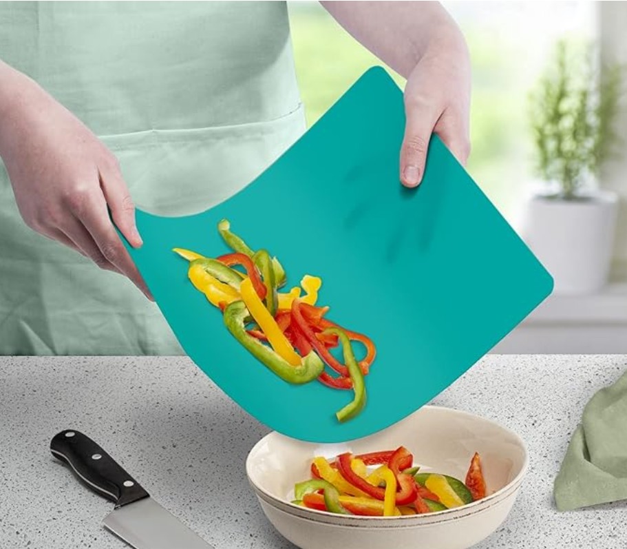 Flexible cutting board mats are ultra-lightweight, dishwasher-safe, and bendable.