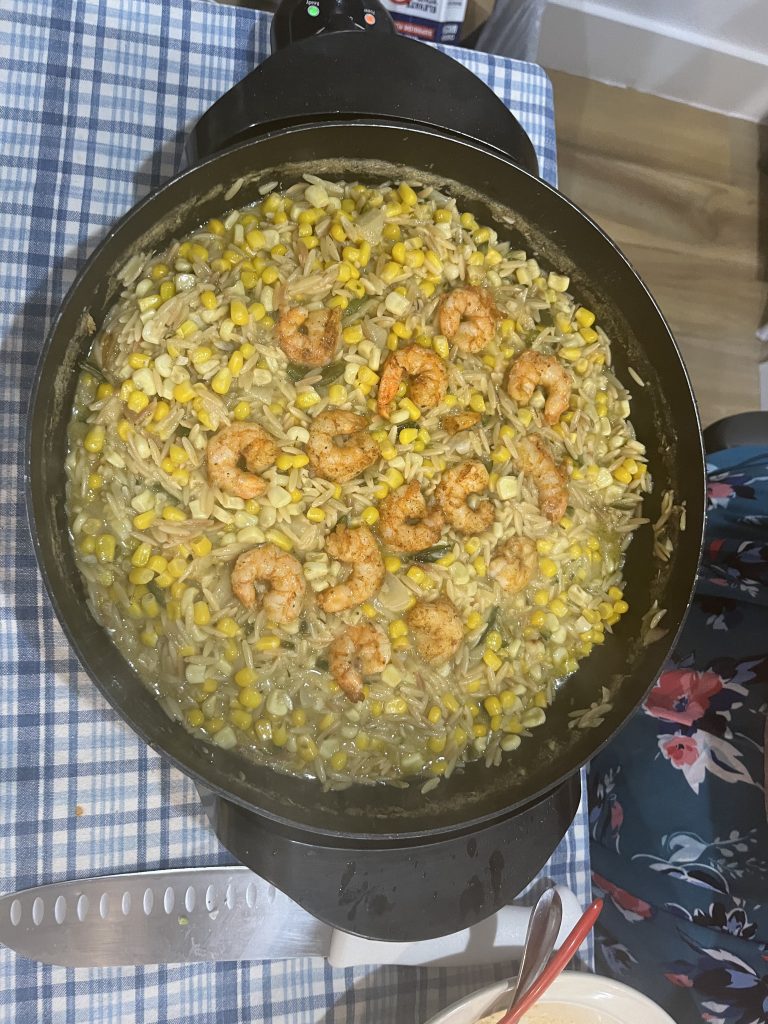 One Pan Creamed Corn Orzo with Shrimp